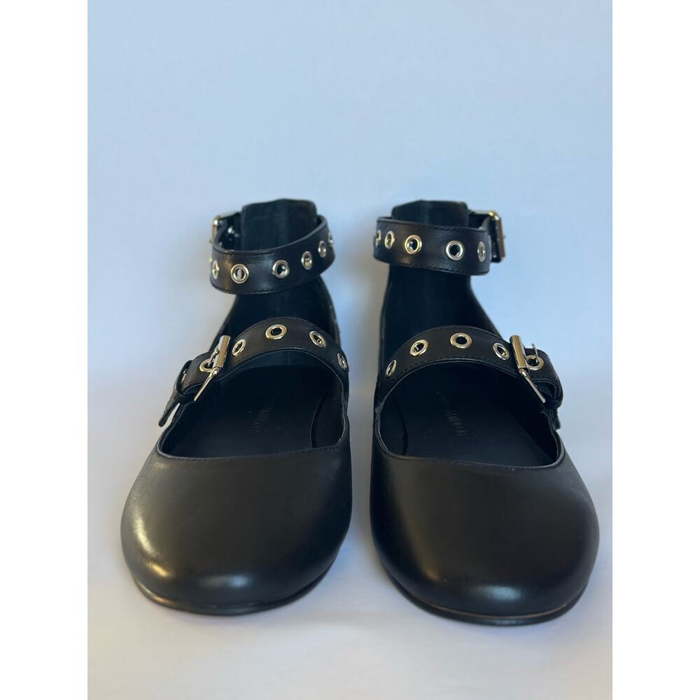 Rebecca Minkoff Black Leather Ankle-Strap Flats with Silver Eyelets - Picture 2 of 10